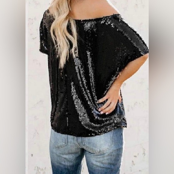 Elegant Shimmery Dew Shoulder Neckline W/Short Sleeves Sequin Detail Dress Top - Picture 13 of 14